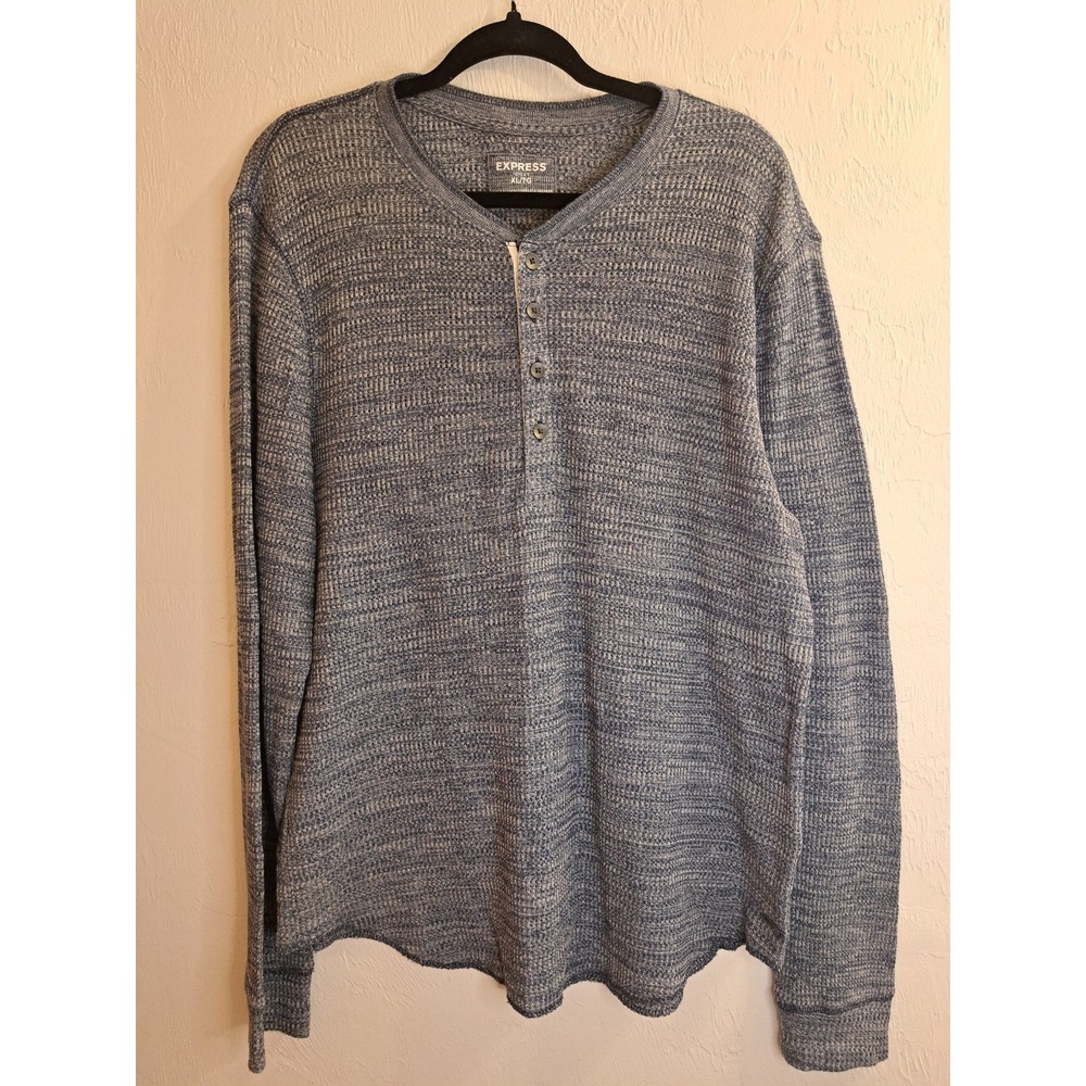 Express Men's XL Waffle-Knit Henley Pullover Sweater Blue Cotton Long Sleeve